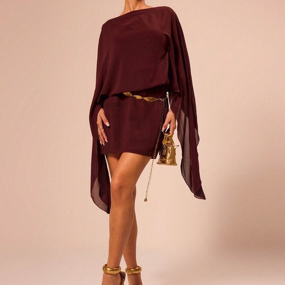 rich brown Party Women's Boat Neck Draped Sleeve Slouch Mini Dress - Picture 4 of 5